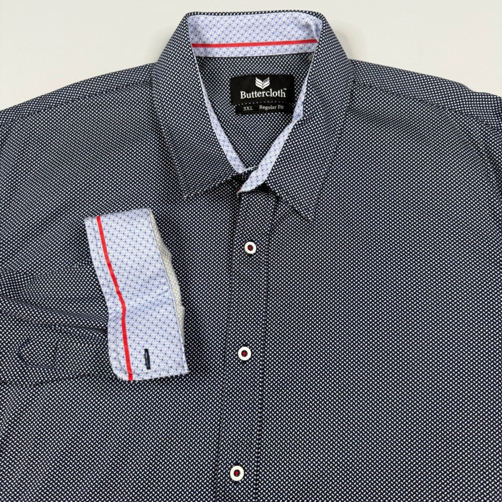 Buttercloth Button Down Shirt Mens 3XL Navy Geometric Flip Cuff Knit Long Sleeve